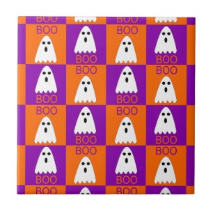 Halloween Boo Ghost Lila und Orange Squares Fliese