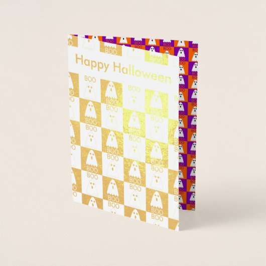 Halloween Boo Ghost Lila und Orange Squares Folienkarte (Vorderseite)
