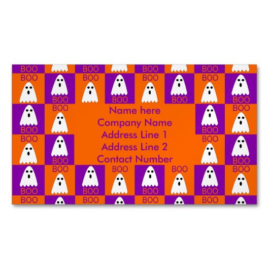 Halloween Boo Ghost Lila und Orange Squares Magnetische Visitenkarte (Vorderseite)