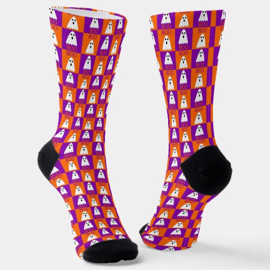Halloween Boo Ghost Lila und Orange Squares Socken (Gewinkelt)
