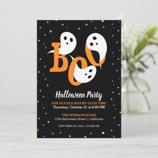 Halloween Boo Ghosts Lila Confetti Einladung (Stehend Vorderseite)