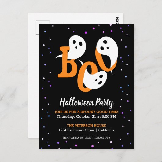 Halloween Boo Ghosts Lila Confetti Einladung Postkarte (Vorne/Hinten)