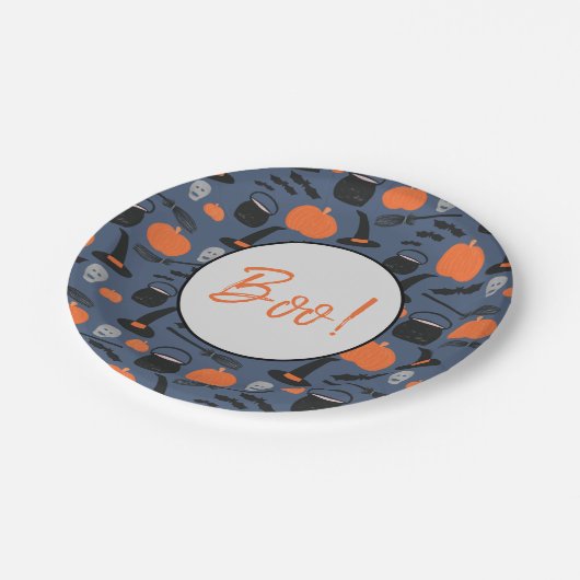 Halloween Boo Hexch Pumpkin Bat Broomstick Pappteller (Schrägansicht)