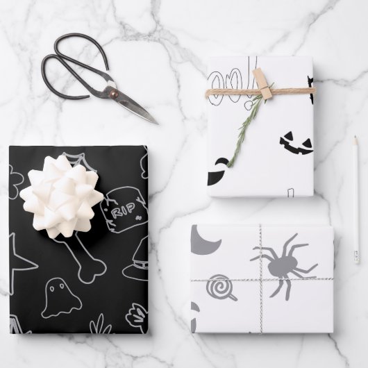 Halloween Boo! Schwarz-Weiß Geschenkpapier Set (Vorderseite)