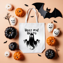 Halloween Boos and Booze Black Ghost Tote Bag