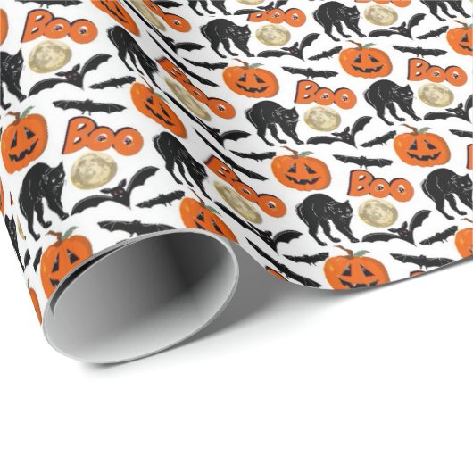 Halloween Bootboote Katzenkürbis und Mond Zeichnen Geschenkpapier (Rolleneckpunkt)