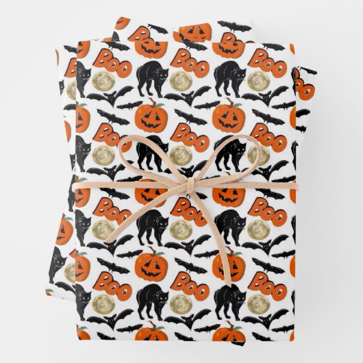 Halloween Bootboote Katzenkürbis und Mond Zeichnen Geschenkpapier Set (Beispiel)