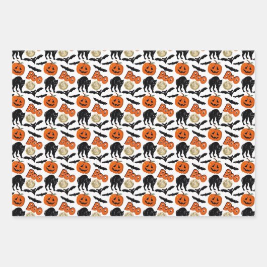 Halloween Bootboote Katzenkürbis und Mond Zeichnen Geschenkpapier Set (Vorderseite)