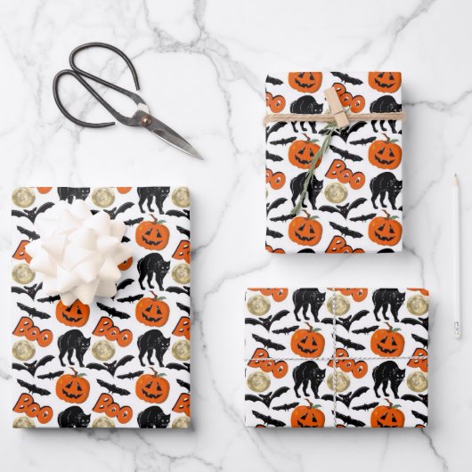 Halloween Bootboote Katzenkürbis und Mond Zeichnen Geschenkpapier Set (Vorderseite)