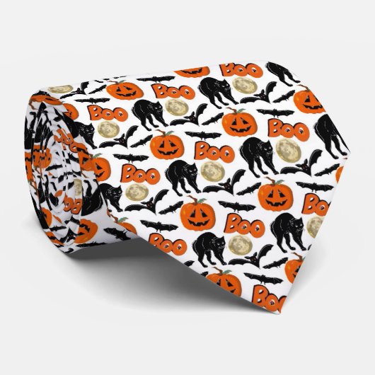 Halloween Bootboote Katzenkürbis und Mond Zeichnen Krawatte (Gerollt)
