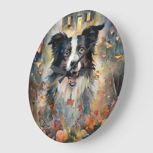 Halloween Border Collie mit Pumpkins Beängstigend Große Wanduhr (Winkel)