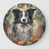 Halloween Border Collie mit Pumpkins Beängstigend Große Wanduhr (Vorderseite)