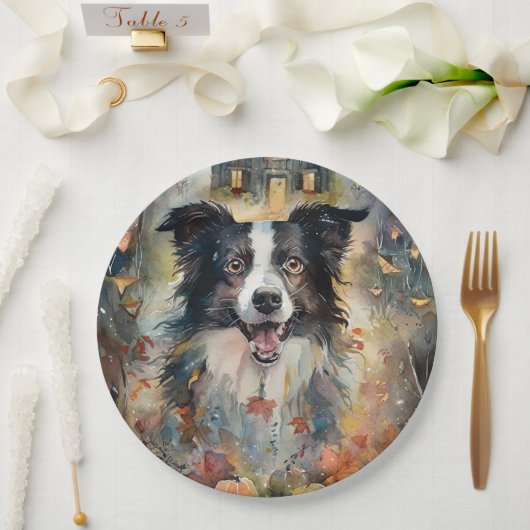 Halloween Border Collie mit Pumpkins Beängstigend Pappteller (Hochzeit)