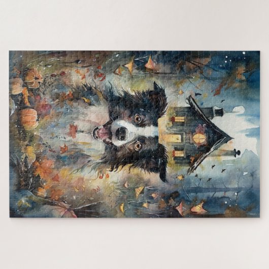 Halloween Border Collie mit Pumpkins Beängstigend Puzzle (Horizontal)