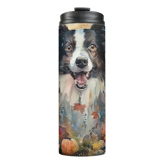 Halloween Border Collie mit Pumpkins Beängstigend Thermosbecher (Vorderseite)
