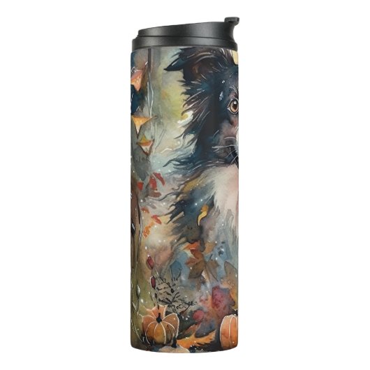 Halloween Border Collie mit Pumpkins Beängstigend Thermosbecher (Nach links gedreht)