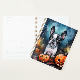 Halloween Boston Terrier mit Kürbissen Gruselig  Planer