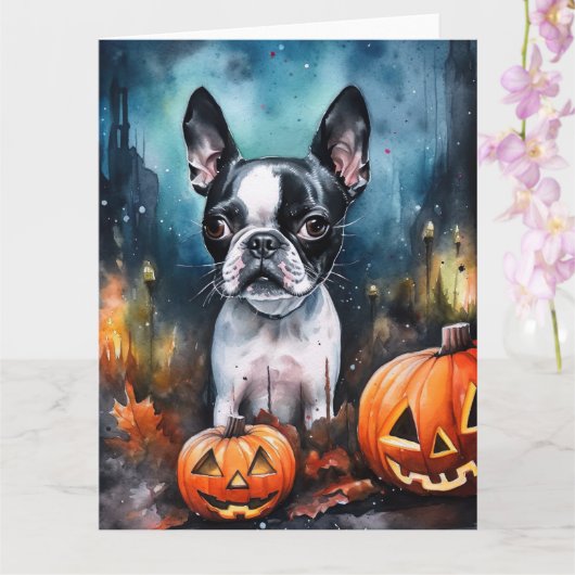 Halloween Boston Terrier mit Pumpkins Beängstigend Karte (Orchidee)