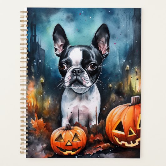 Halloween Boston Terrier mit Pumpkins Beängstigend Planer (Vorderseite)