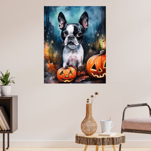 Halloween Boston Terrier mit Pumpkins Beängstigend Poster (Wohnzimmer 3)