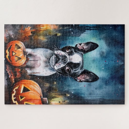 Halloween Boston Terrier mit Pumpkins Beängstigend Puzzle (Horizontal)