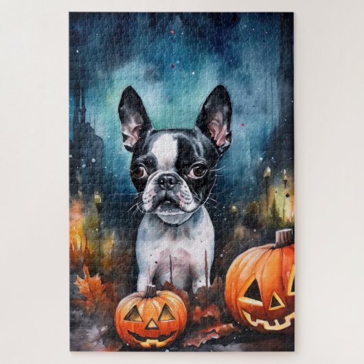 Halloween Boston Terrier mit Pumpkins Beängstigend Puzzle (Vertikal)