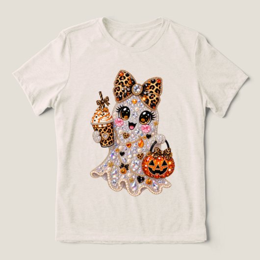 Halloween Boujee Geist Rhinestone Leopard Bling Tri-Blend Shirt (Design Vorderseite)