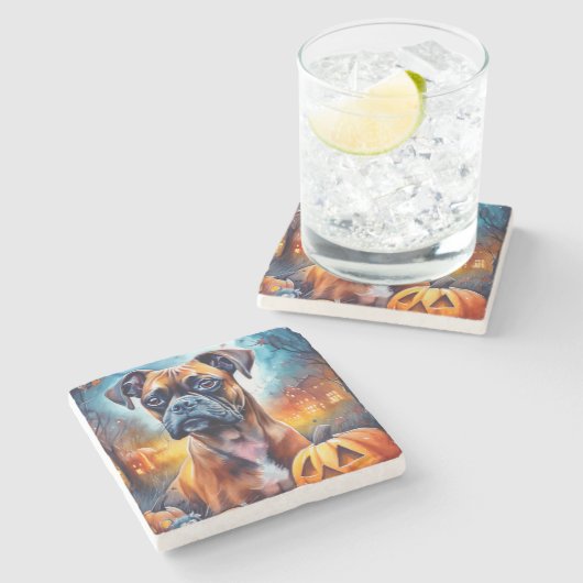 Halloween Boxer mit Pumpkins Beängstigend Steinuntersetzer (Seitenansicht)