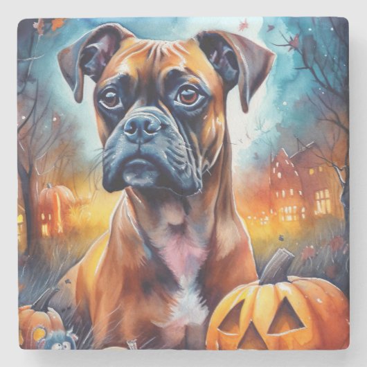 Halloween Boxer mit Pumpkins Beängstigend Steinuntersetzer (Vorderseite)
