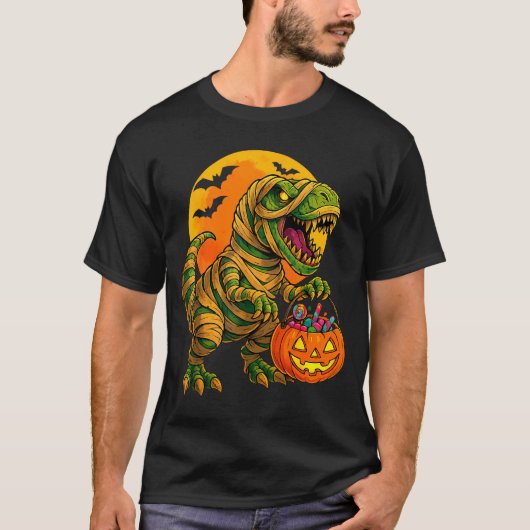Halloween Boys Dinosaur Mummy T Rex Y Pumpkin Moon T-Shirt (Vorderseite)