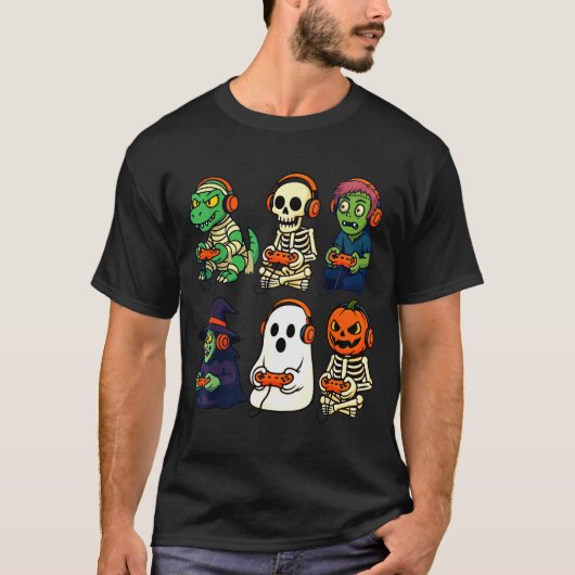 Halloween Boys Kids Gamer Dinosaur Skeleton Ghost T-Shirt (Vorderseite)
