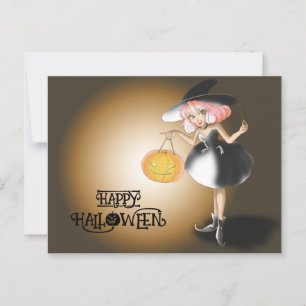  Halloween Brauch Whimsical Süße Hexe Kürbis  Postkarte