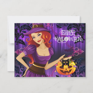 Halloween Brauch Whimsical Süße Hexe Lila Postkarte