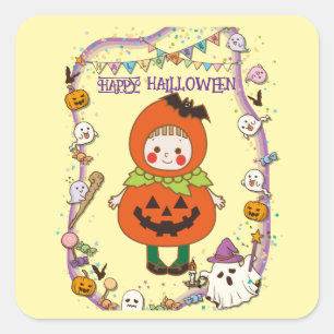 Halloween Brauch Whimsical Süße Kürbismädchen Quadratischer Aufkleber