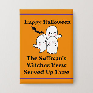 Halloween Brew Booze Personalize Ghost Bat Orange Button