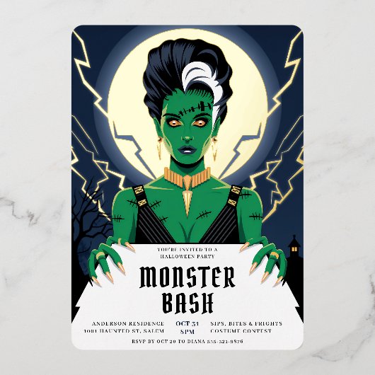 Halloween Bride Frankenstein Monster Bash Folieneinladung (Vorderseite)
