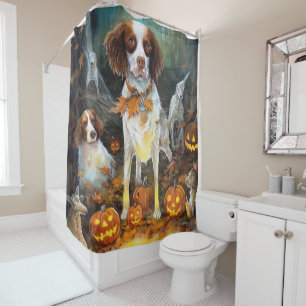 Halloween Brittany Spaniel mit Kürbissen Gruselig Duschvorhang