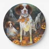 Halloween Brittany Spaniel mit Kürbissen Gruselig Pappteller (Vorderseite)