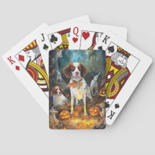 Halloween Brittany Spaniel mit Kürbissen Gruselig Spielkarten