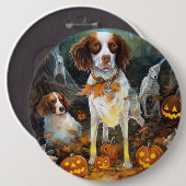 Halloween Brittany Spaniel mit Pumpkins Beängstige Button (Vorne & Hinten)
