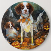 Halloween Brittany Spaniel mit Pumpkins Beängstige Button (Vorderseite)