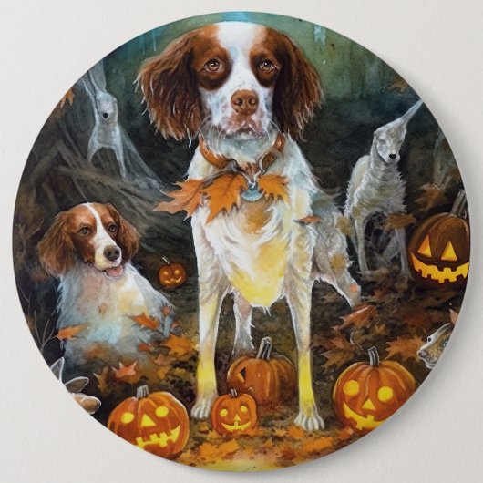 Halloween Brittany Spaniel mit Pumpkins Beängstige Button (Vorderseite)