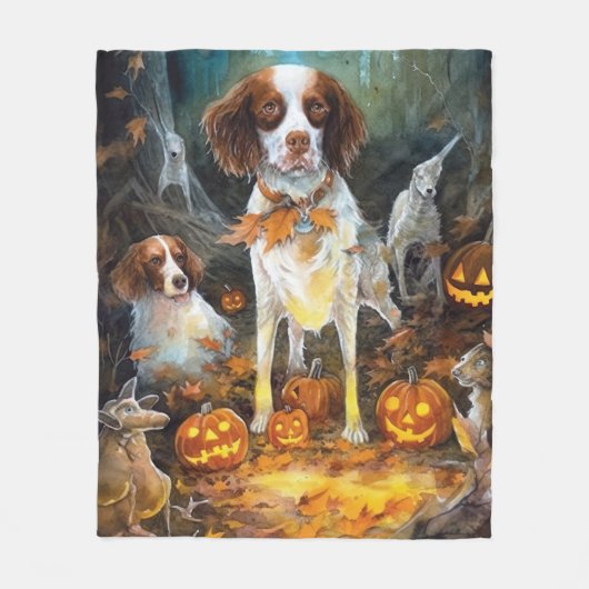 Halloween Brittany Spaniel mit Pumpkins Beängstige Fleecedecke (Vorderseite)