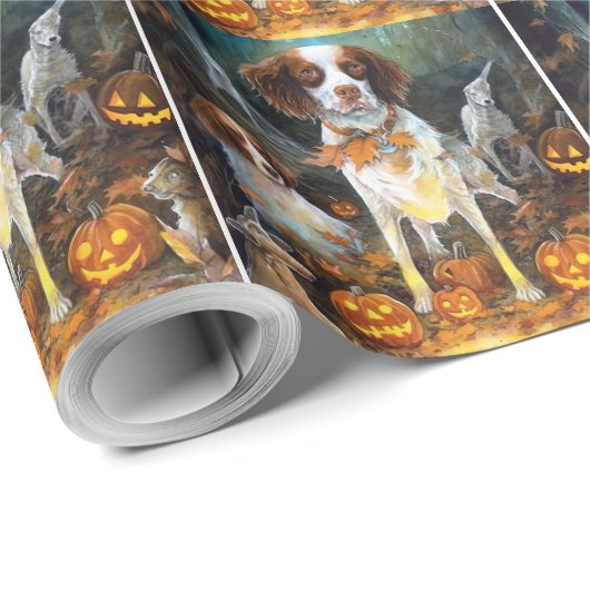 Halloween Brittany Spaniel mit Pumpkins Beängstige Geschenkpapier (Rolleneckpunkt)