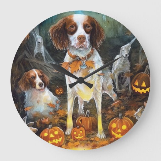 Halloween Brittany Spaniel mit Pumpkins Beängstige Große Wanduhr (Vorderseite)