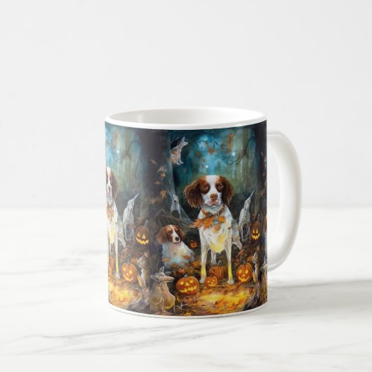 Halloween Brittany Spaniel mit Pumpkins Beängstige Kaffeetasse (VorderseiteRechts)