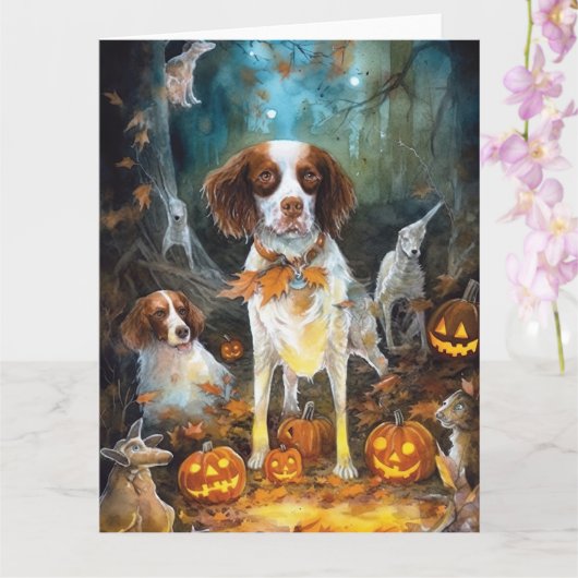 Halloween Brittany Spaniel mit Pumpkins Beängstige Karte (Orchidee)