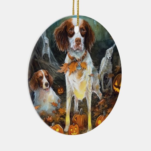 Halloween Brittany Spaniel mit Pumpkins Beängstige Keramik Ornament (Rechts)