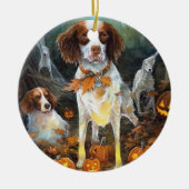 Halloween Brittany Spaniel mit Pumpkins Beängstige Keramik Ornament (Vorne)