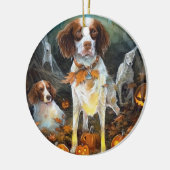 Halloween Brittany Spaniel mit Pumpkins Beängstige Keramik Ornament (Links)